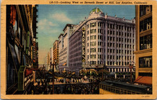 Looking West on Seventh Street at Hill Los Angles California  Linen Card 1953