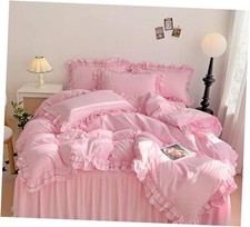 Duvet Cover Chic Lace Bedding Set with Double Ruffle, 3 Pieces Queen Pink