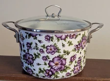 Vtg Tivoli Large Enamel Steel Stockpot Floral Purple w/ Glass Lid Handles NICE