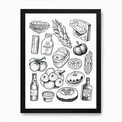 Veggies Black And White Line Art 3 gerahmte Wandbilder Poster Leinwanddruck Bild