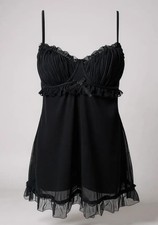 SOPHIE B. Size L Black Chiffon Lace Chemise Nightie Slip Ruffles Bow R 45