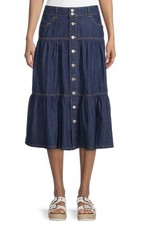 Denim Skirt Tiered Prairie Peasant Modest Western Size 8 Pockets Cottage Denim