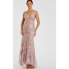 Mac Duggal 67481 Rose Pink Floral Embellished Sleeveless Plunge Gown Sz 0 NWT