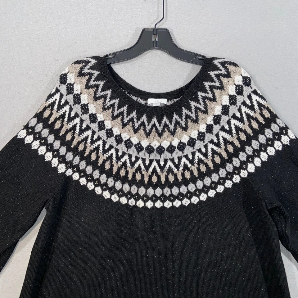Suéter para mujer Jill XL negro Fair Isle tejido metálico manga larga pulóver top Foto 2 de 4