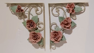 Floral Rose Shelf Bracket Metal Pink Roses  Shabby Cottage Core Decor Pair