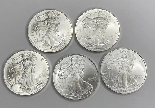 Lot of 5 - 2009 $1 American Silver Eagle 1 oz BU Bullion Lot