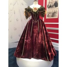 Burgundy Victorian Vintage Prom Dresses Velvet Lace Ruffles A-Line Evening Dress