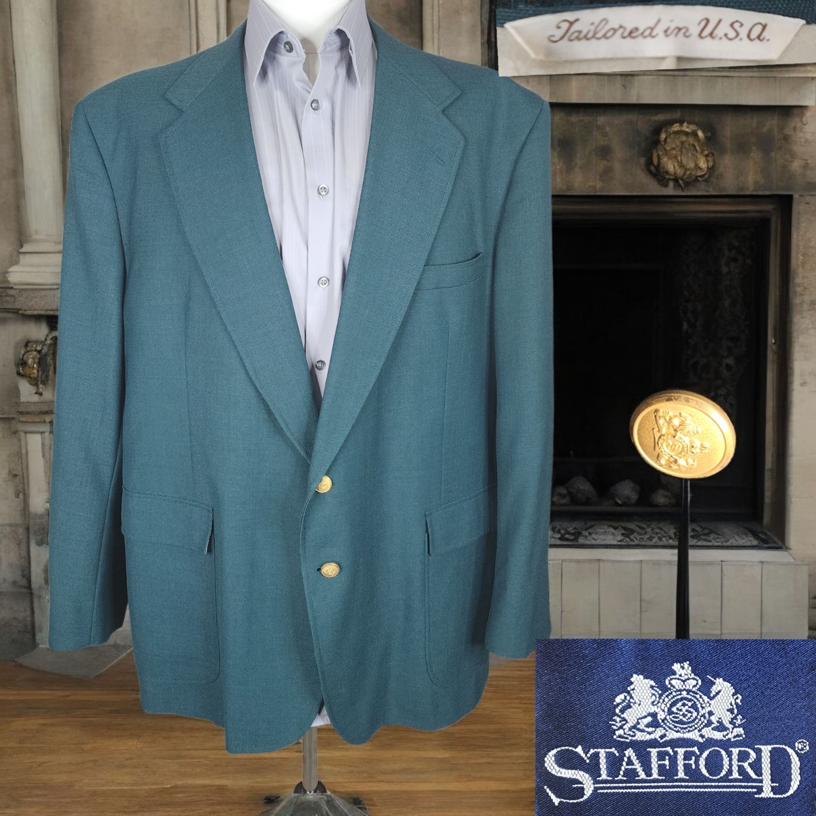 Vintage Stafford Blazer Mens 50R Green with Gold Buttons Single Vented