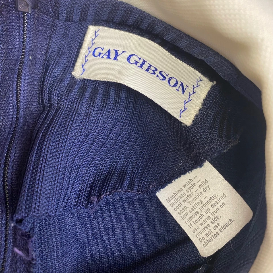 Vintage Gay Gibson Dress Mod Striped Ribbed Navy White Collar Long Sleeve - Image 3 of 4