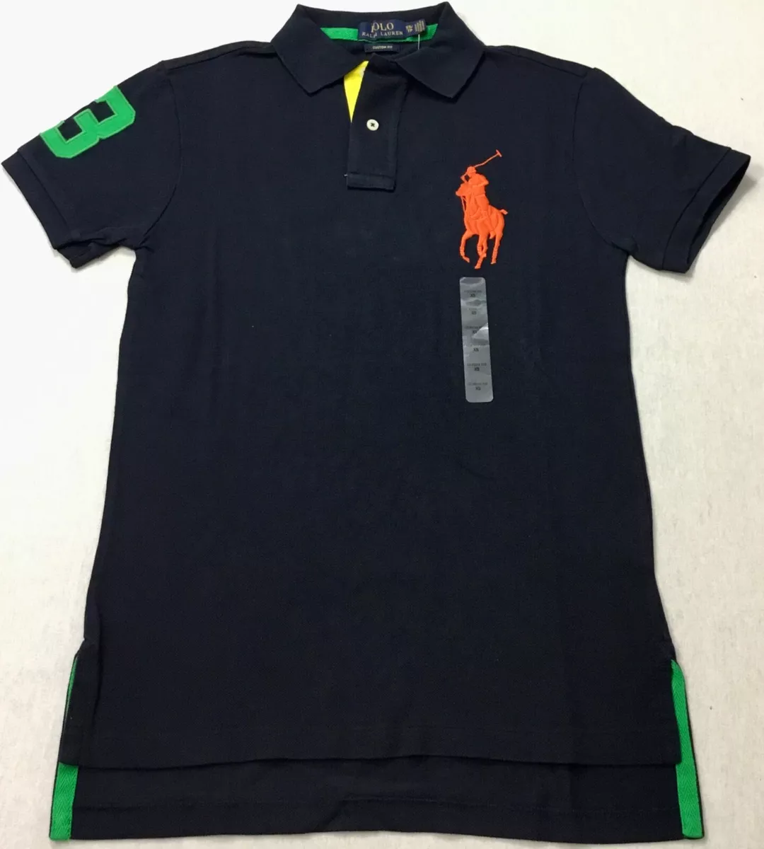 Ralph Lauren Men Custom Fit Polo Shirt Number 3 100% Cotton Navy Blue Size  XS