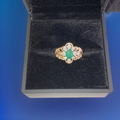 14 Karat Gelbgold & echter grüner Smaragd Damenmode Ring mit Papierbewertung