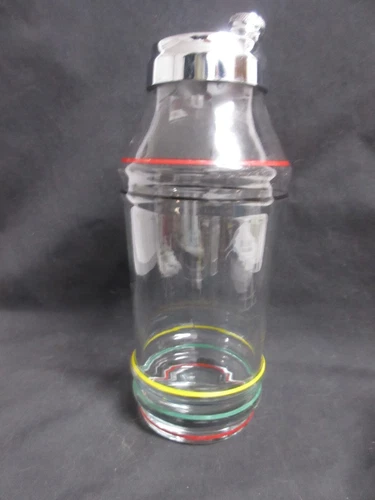 VTG MCM 32 oz Anchor Hocking Glass Ringed 10" Tall Cocktail Shaker Stainless Top