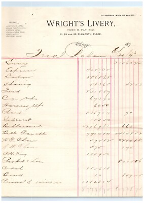Chicago Illinois Wright's Livery Receipt 1909 Letterhead H.G. Chase