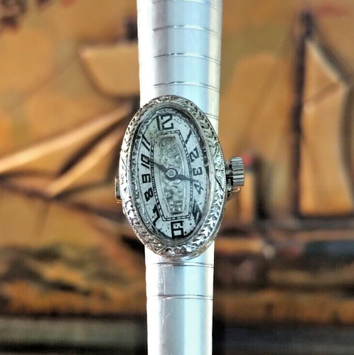 Antique 18k white gold, Ring watch, pendant! 15 jewels, Rare. - Picture 2 of 12