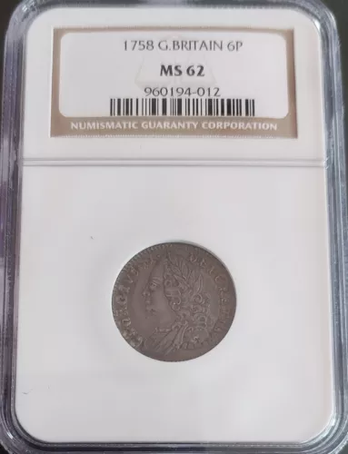 ✰1758 GREAT BRITAIN 6 Pence ✰ NGC MS62 ✰ Full Grade Antique 6P Coin Problem-Free