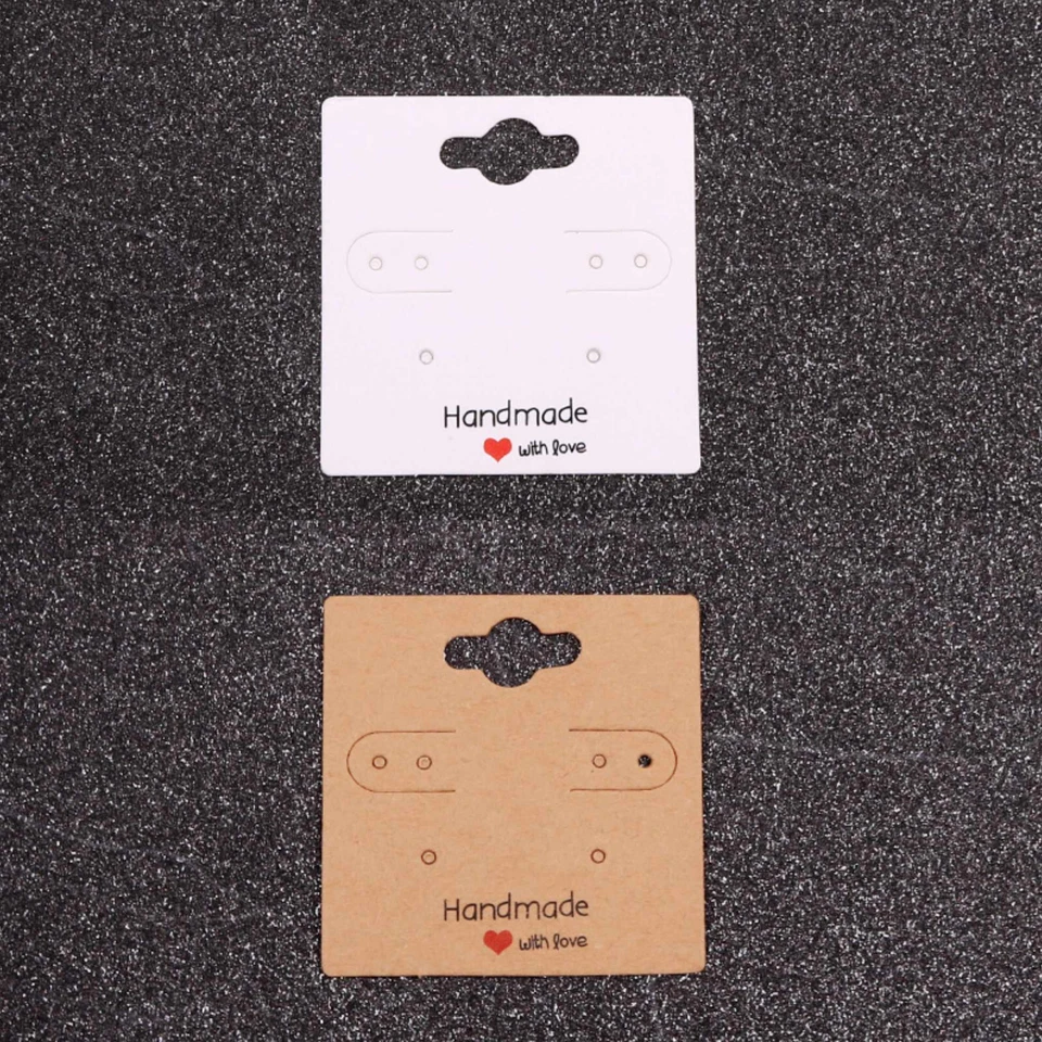MARKENLOS 10 - 200 Ohrring Display Schilder Handmade with Love Handgemacht Weiß/Braun
