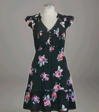 Xhilaration Floral Dress Womens Small Short Sleeve Boho Black Button Front Mini