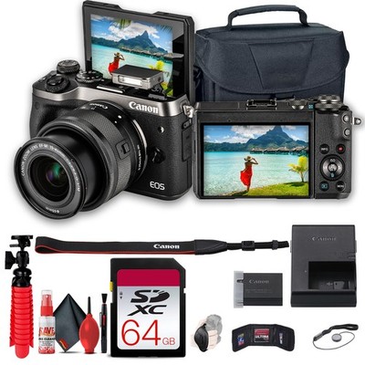 Canon EOS M6 Mirrorless Camera w/15-45mm Lens, Black - 64GB, Bag, Tripod Bundle