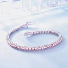 14K White Gold Plated 8Ct Round Lab Created Pink Sapphire Tennis Bracelet 7.5In