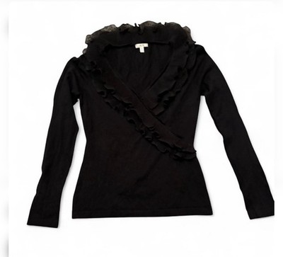 Beautiful Cache Black Ruffle V Neck Sweater Sz M Women s