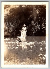 Vtg B&W Snapshot Two Women In Summer Dresses Wading Rocky Forest Stream 1945