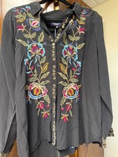 Johnny Was MARCHELLA FITTED Silk SHIRT Floral Embroidery retailed 298 sz XL