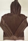 Brown velour Y2K Juicy Couture hoodie size XL with rear zipper, ribbed cuffs, and tan “Made in USA” tag on interior hood.