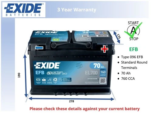 EFB Car Battery EL700 Exide 096 EFB 720A 70Ah 3Yr WTY 278x175x190 Start Stop - Picture 1 of 9