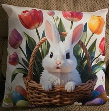 Spring Easter -White Bunny in Basket Cream Pillow Cover 18" 1 piece.