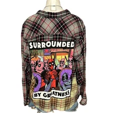 Deadpool Plaid Flannel Shirt Shacket Brown Purple XXL Oversize Unique Upcycled