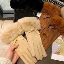 Bow Trimmed for velvet Gloves for Women Suede Material Screen Compatible Warm