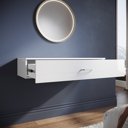 White High Gloss Hanging Dressing Table Vanity Wall Mounted with Storage Drawer - Picture 18 of 19