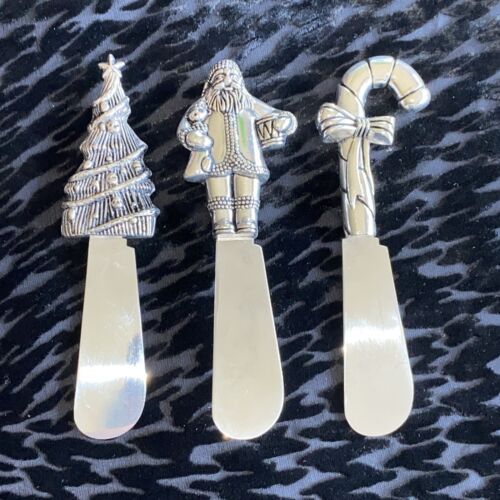 (3) Vintage Christmas Heavy Silver Santa, Candy Cane & Tree Cheese Butter Knifes - Picture 1 of 4
