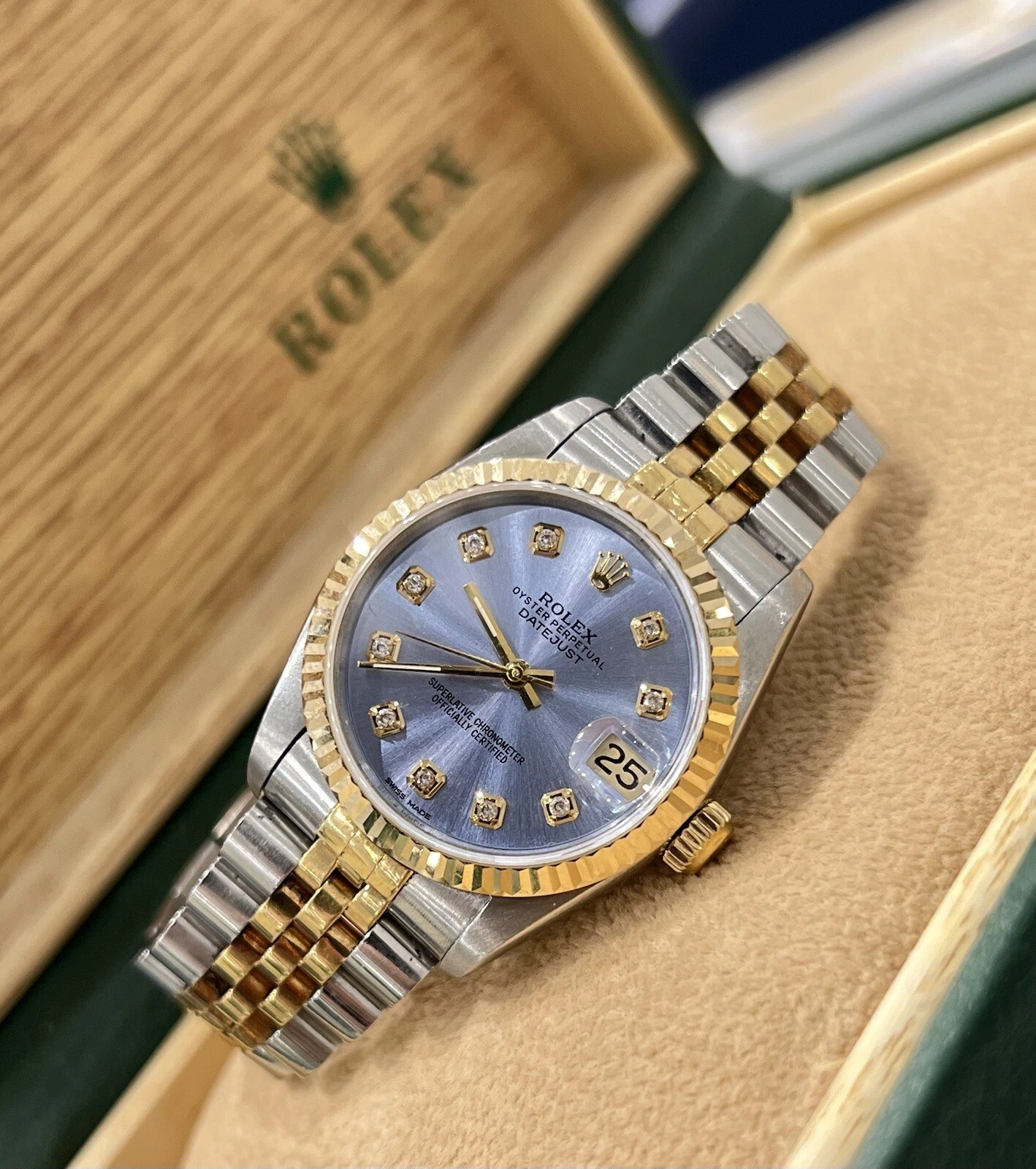 Rolex — Ladies Steel & Gold Rolex Datejust 31mm 68273 Custom Ice Blue Diamond Dial