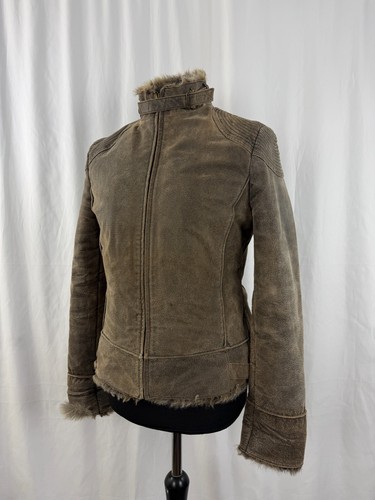 Damen MNG Lederjacke Kunstfell gefüttert braun Größe 12 Wildleder Biker Winter - Bild 21 von 23