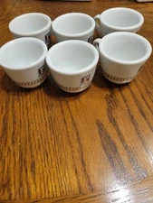 RoberlaCaffe Demitasse Espresso Cup Mug Wht w Brn Pattern Lot of 6 with saucer