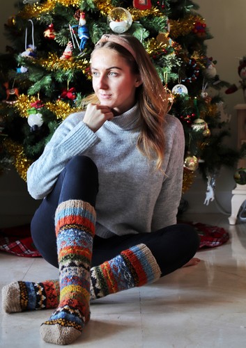 Orange and Green Multi color Warm Woolen Knee High Socks - Picture 2 of 4