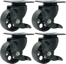 FactorDuty 4 All Black Metal Swivel Plate Caster Wheels w/Brake Lock,3" w/ Brake