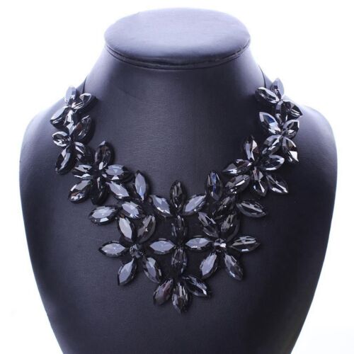 Women Flower Ribbon Chain Black Necklace Bib Statement Crystal Collar Jewelry - Afbeelding 1 van 7