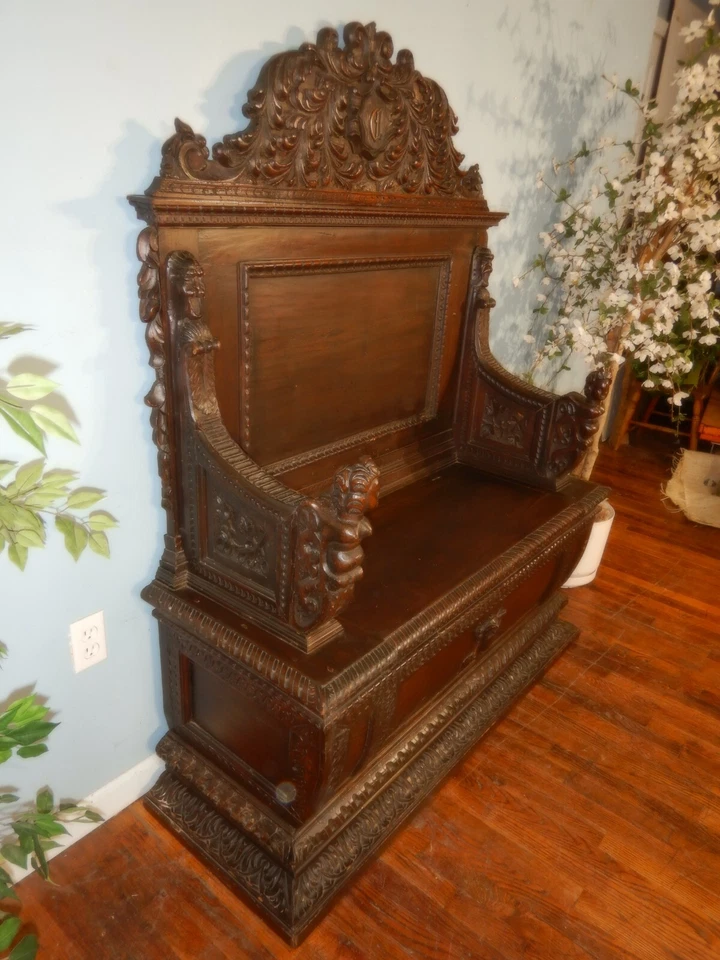 Резное европейское викторианское прихожее сиденье/скамейка посуда Италия - Изображение 2 из 4