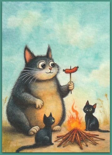 ACEO 2.5x3.5 watercolor painting - cat kitten bonfire sausage fantasy surreal