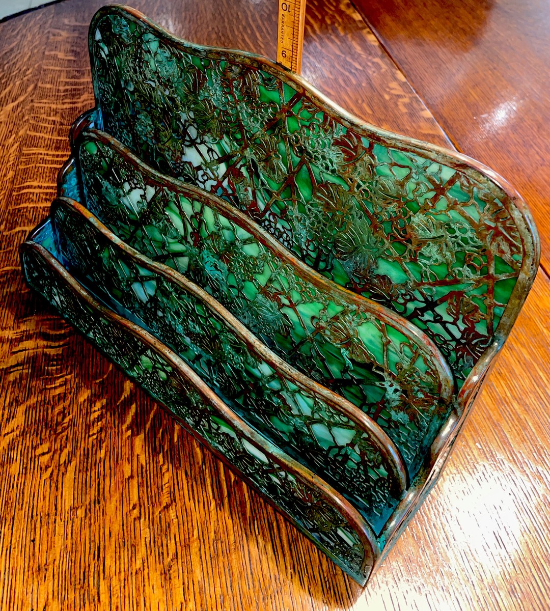 ANTIQUE TIFFANY STUDIOS NY#1007 GRAPEVINE TRIPLE PAPER RACK ANTIQUE TIFFANY STUDIOS NY#1007 GRAPEVINE TRIPLE PAPER RACK