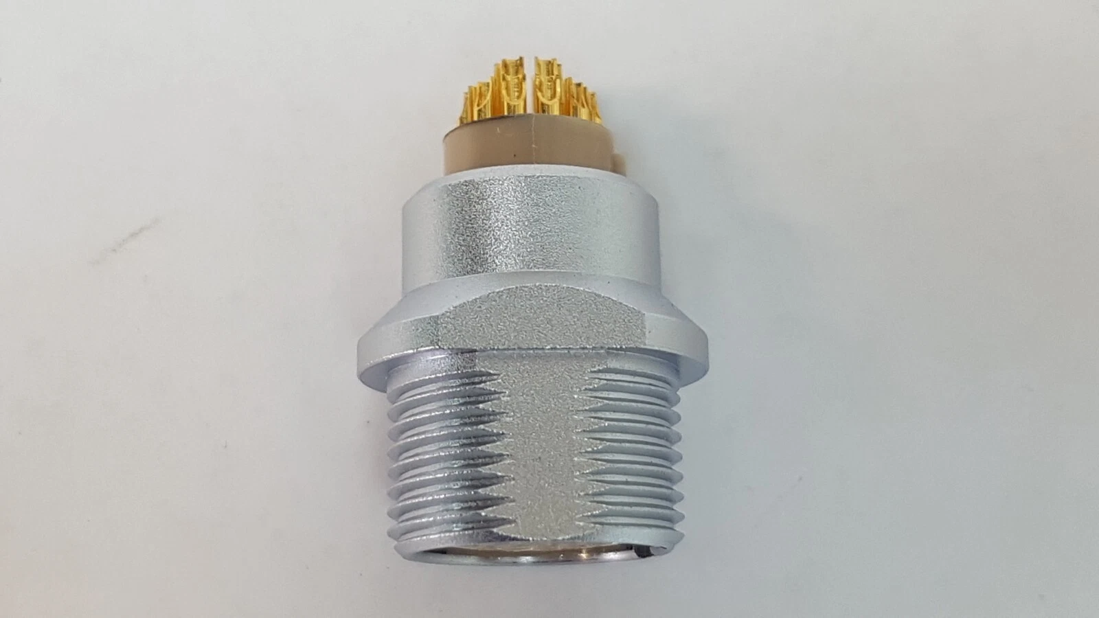 Side view of an ODU MINI-SNAP receptacle showing the threaded body and flats