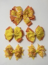 Girl Bows 5 Pcs Set Big Bow 5.5  Pigtails 3.5  Yellow Orange Grosgrain Pink 005