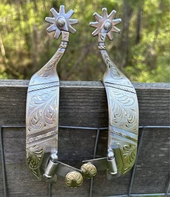 Pair Mens Size Western Engraved Silver And Stainless Steel Spurs