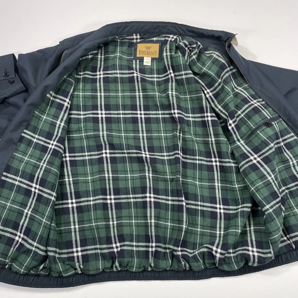 Chaqueta King Ranch Harrington Para Hombre XL Bomber Cremallera Completa Azul Forro a Cuadros Western Foto 3 de 4
