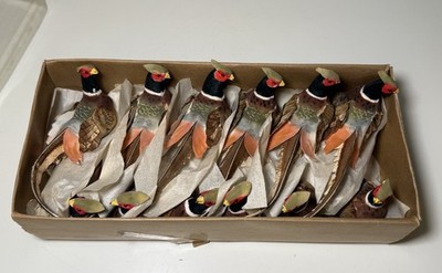 Lot of 12 Vintage Ring Necked Pheasant Hand Crafted Cork Birds Deco