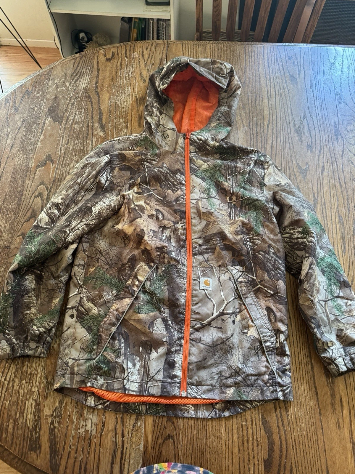 Carhartt Youth Camo Hooded Windbreaker Jacket Orange Zip Size L 14