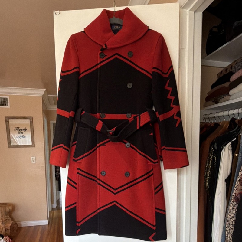 Polo Ralph Lauren Red Black Geometric Double-Breasted Belted Overcoat Size 2