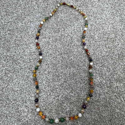 Vtg Semi Precious Natural Stone & Brass Beaded Necklace 29'' Jade Amber Carnelian